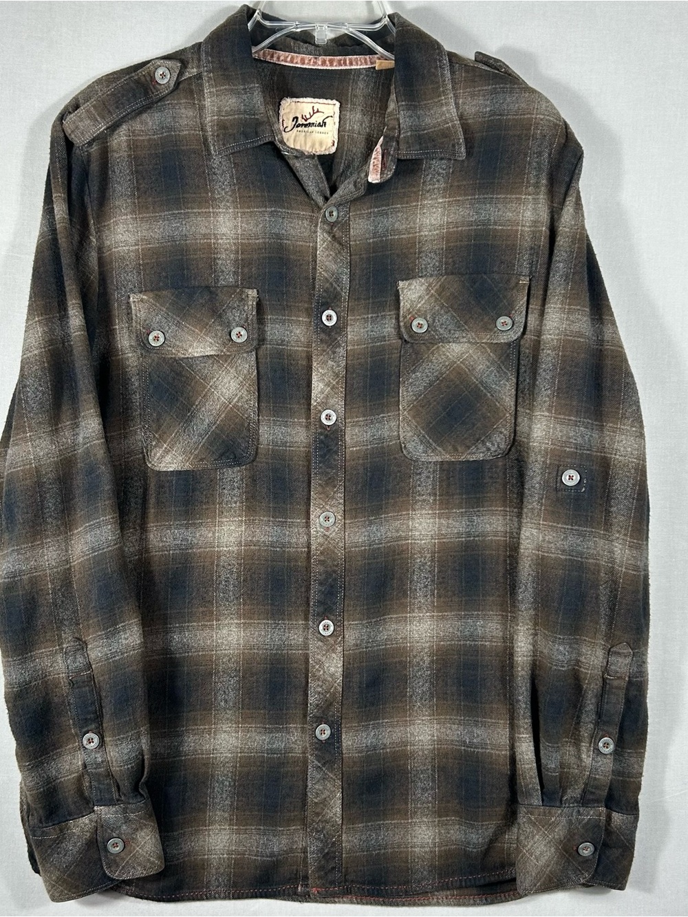 Jeremiah Shirt Mens Large Brown Gray Black Plaid Flannel Button Up Workwear